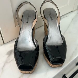 Black Prada patent leather wedges with white stitching size 39 1/2